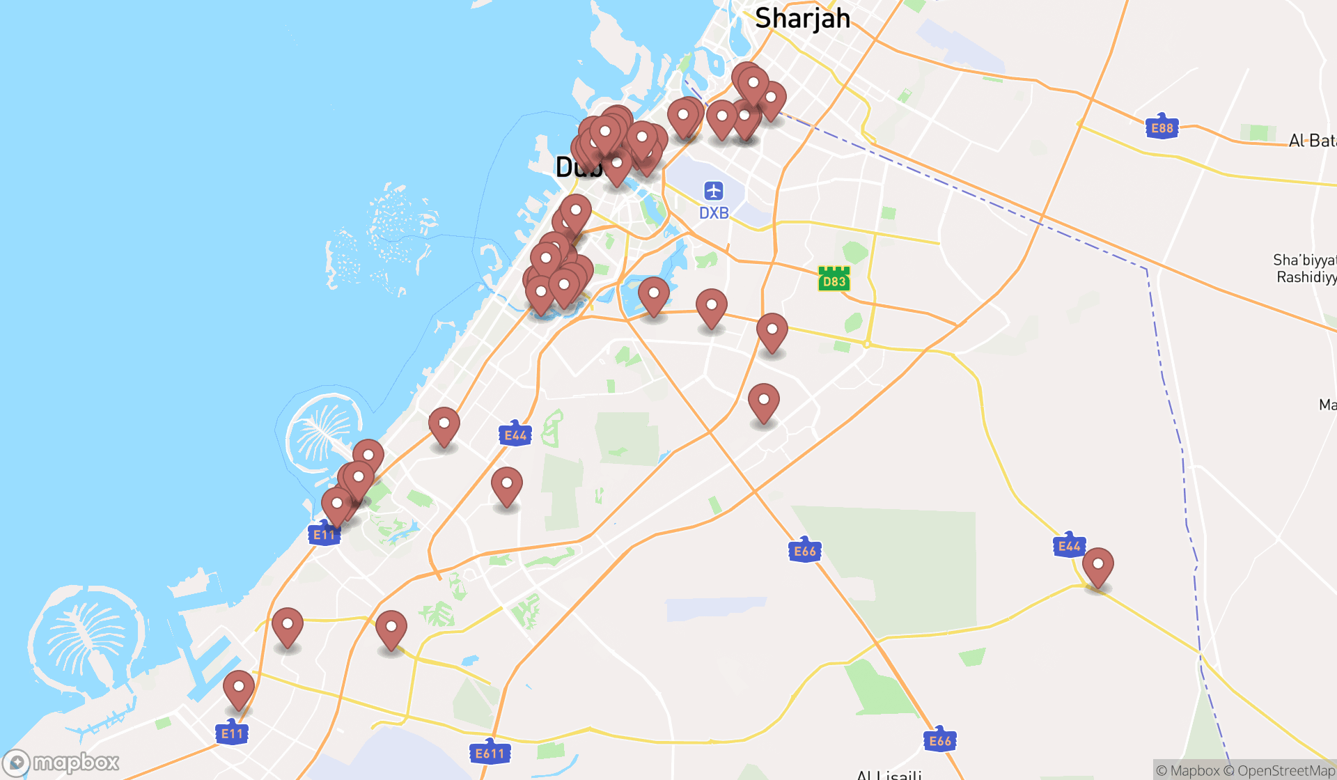Map showing the search results in Dubai