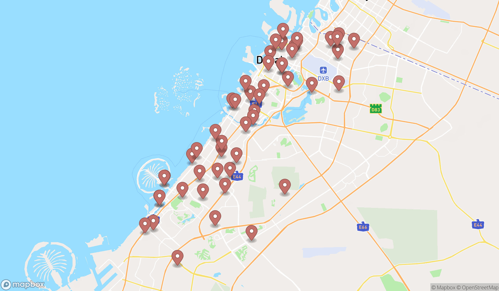 Map showing the search results in Dubai
