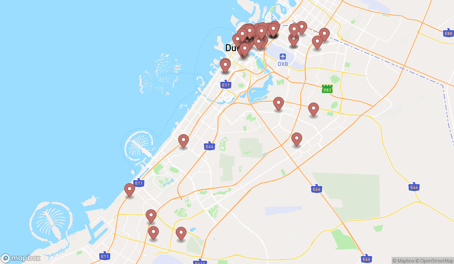 Map showing the search results in Dubai