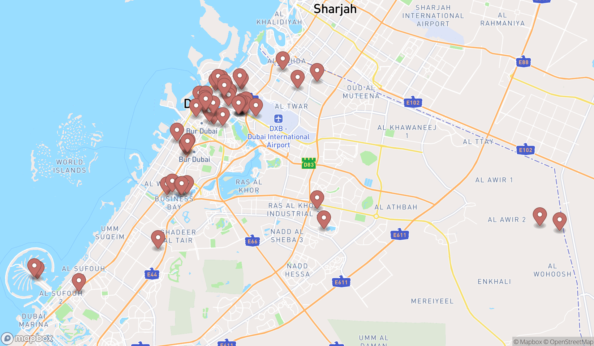 Map showing the search results in Dubai