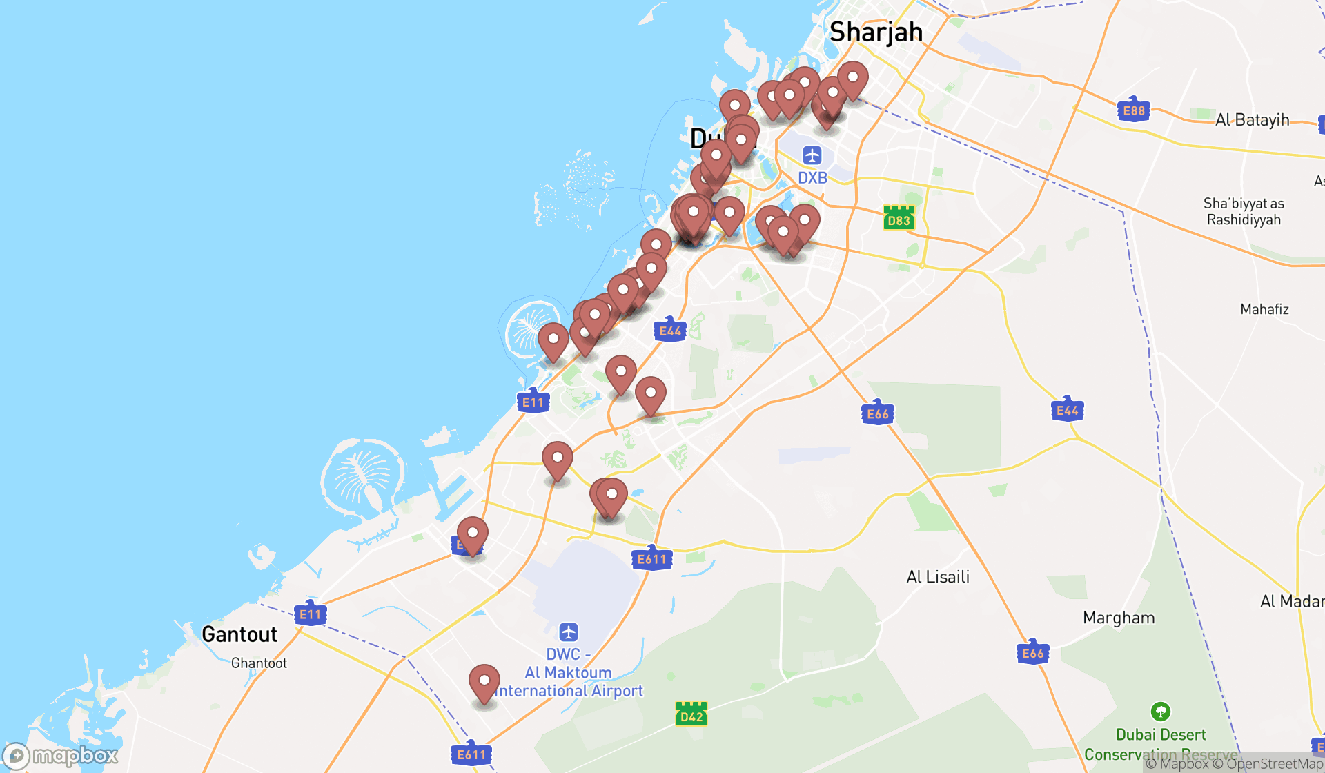 Map showing the search results in Dubai