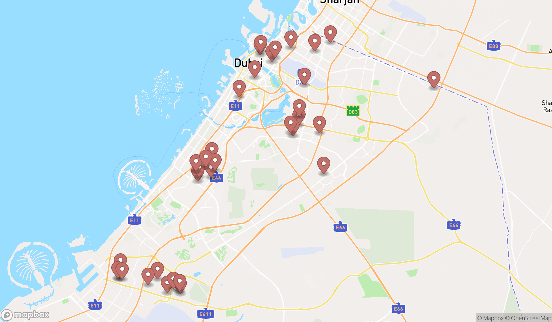 Map showing the search results in Dubai