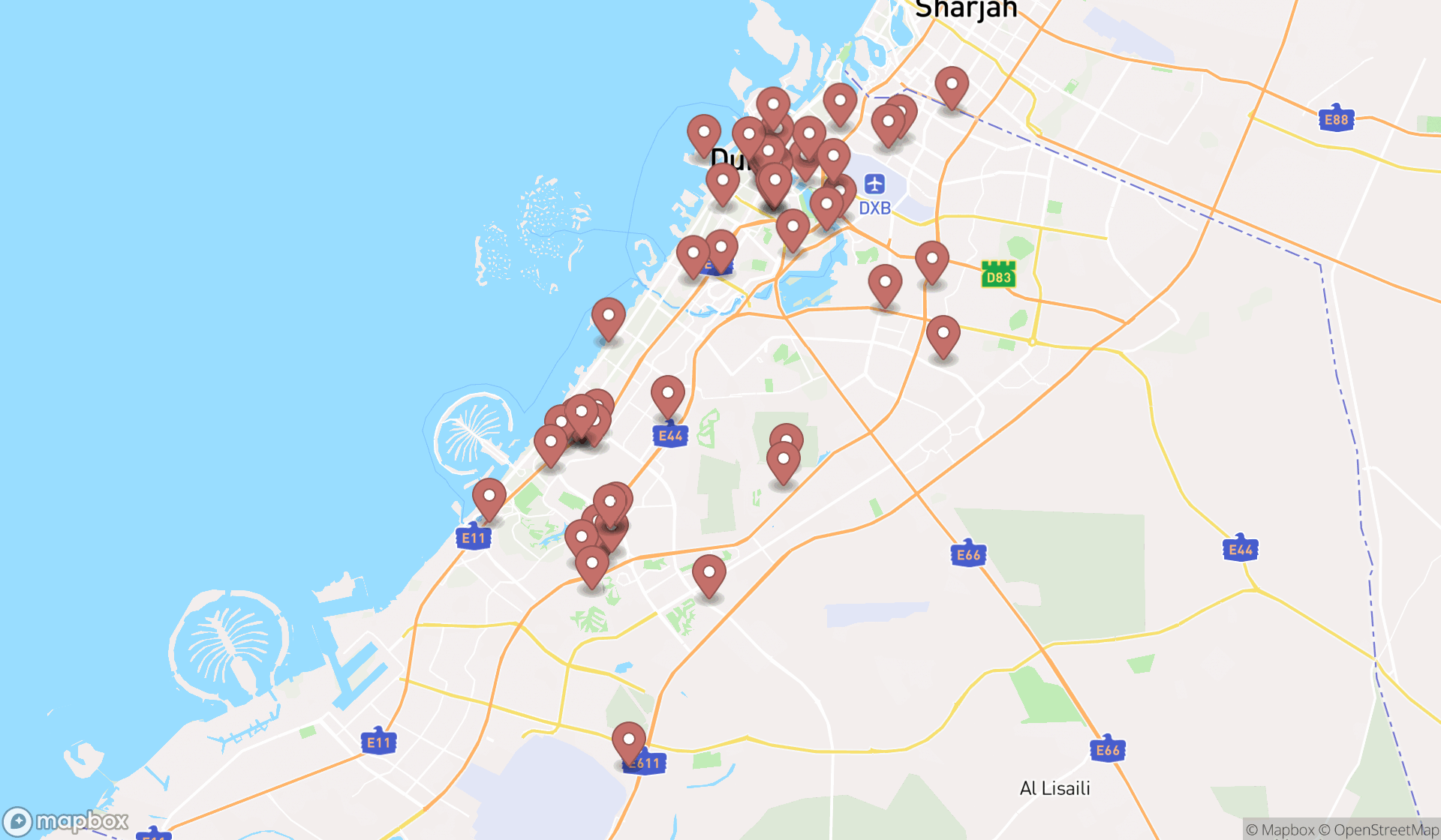 Map showing the search results in Dubai