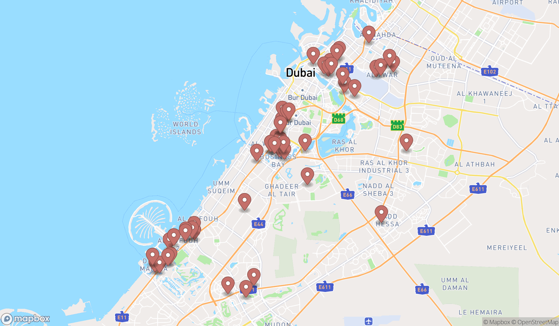 Map showing the search results in Dubai
