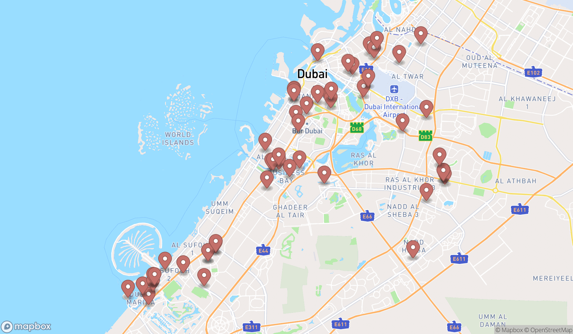 Map showing the search results in Dubai