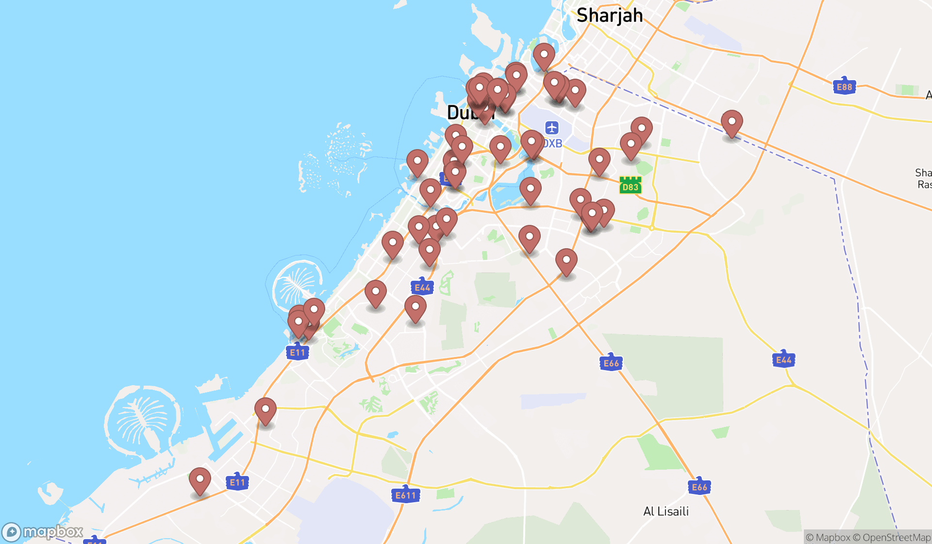 Map showing the search results in Dubai