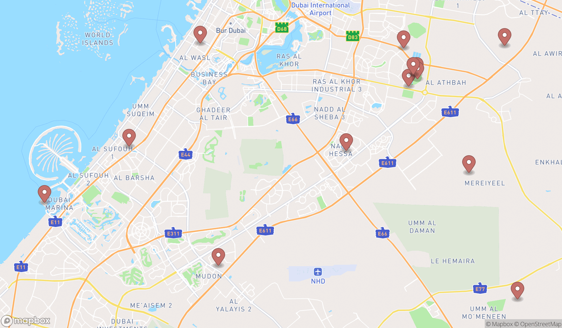 Map showing the search results in Dubai
