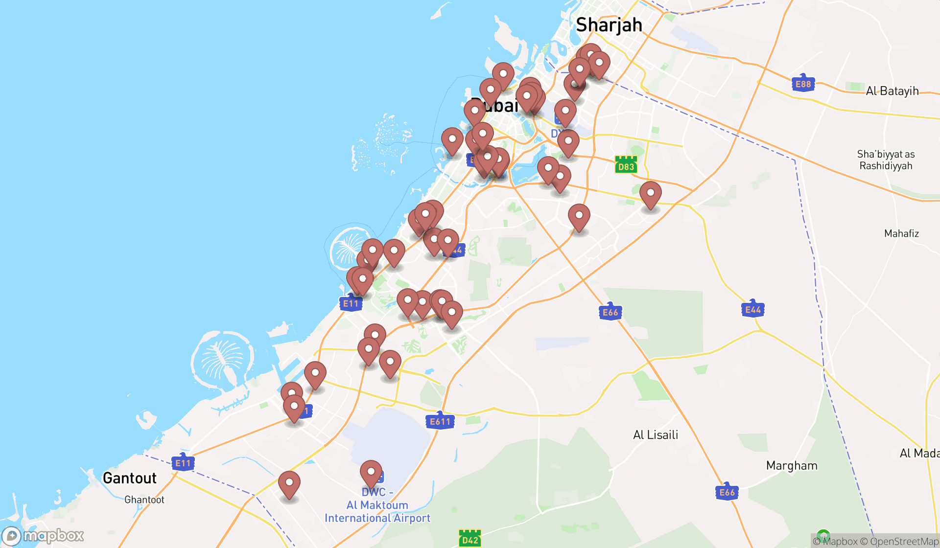 Map showing the search results in Dubai