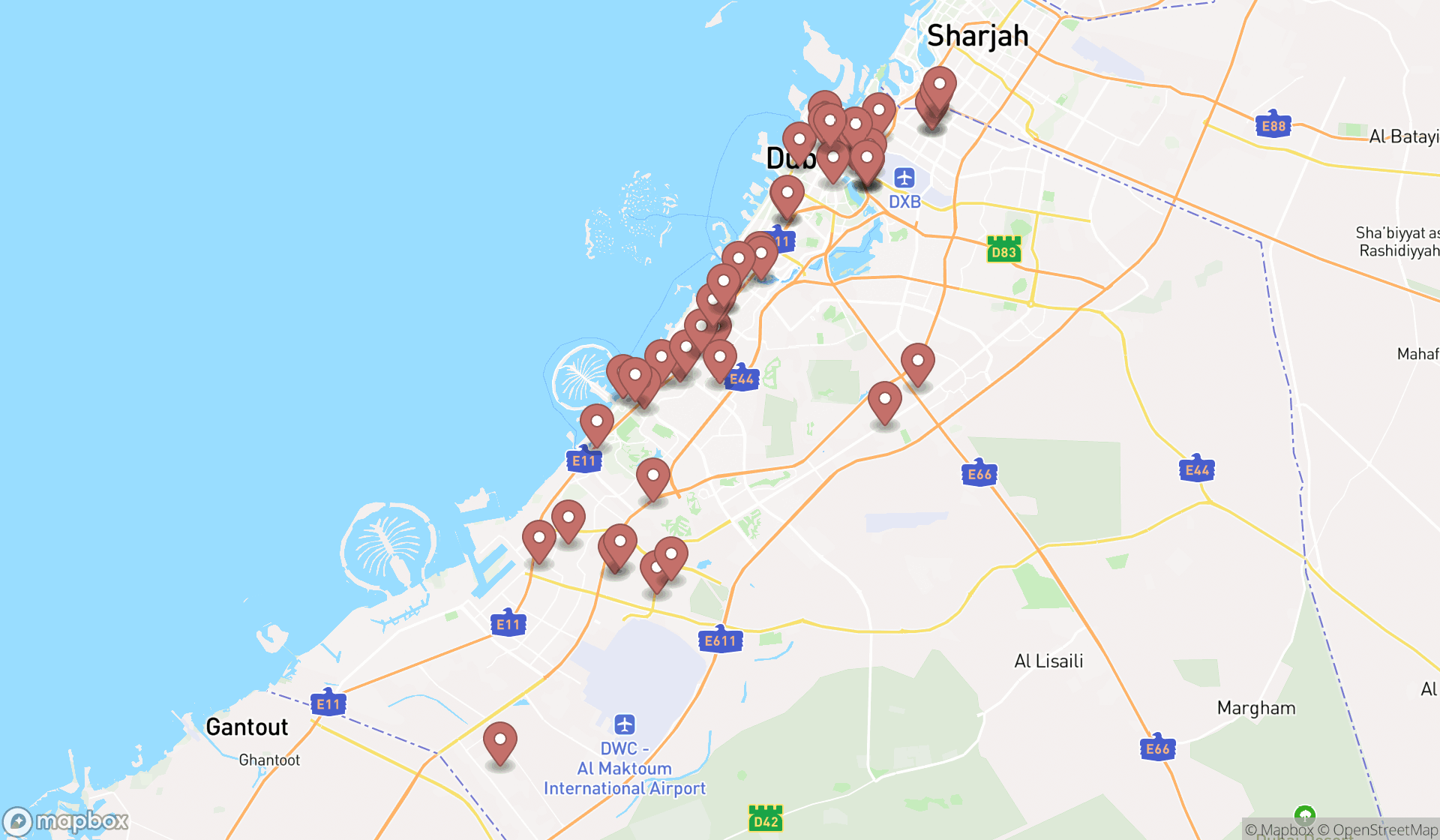 Map showing the search results in Dubai