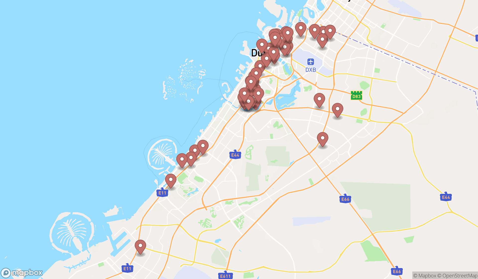 Map showing the search results in Dubai