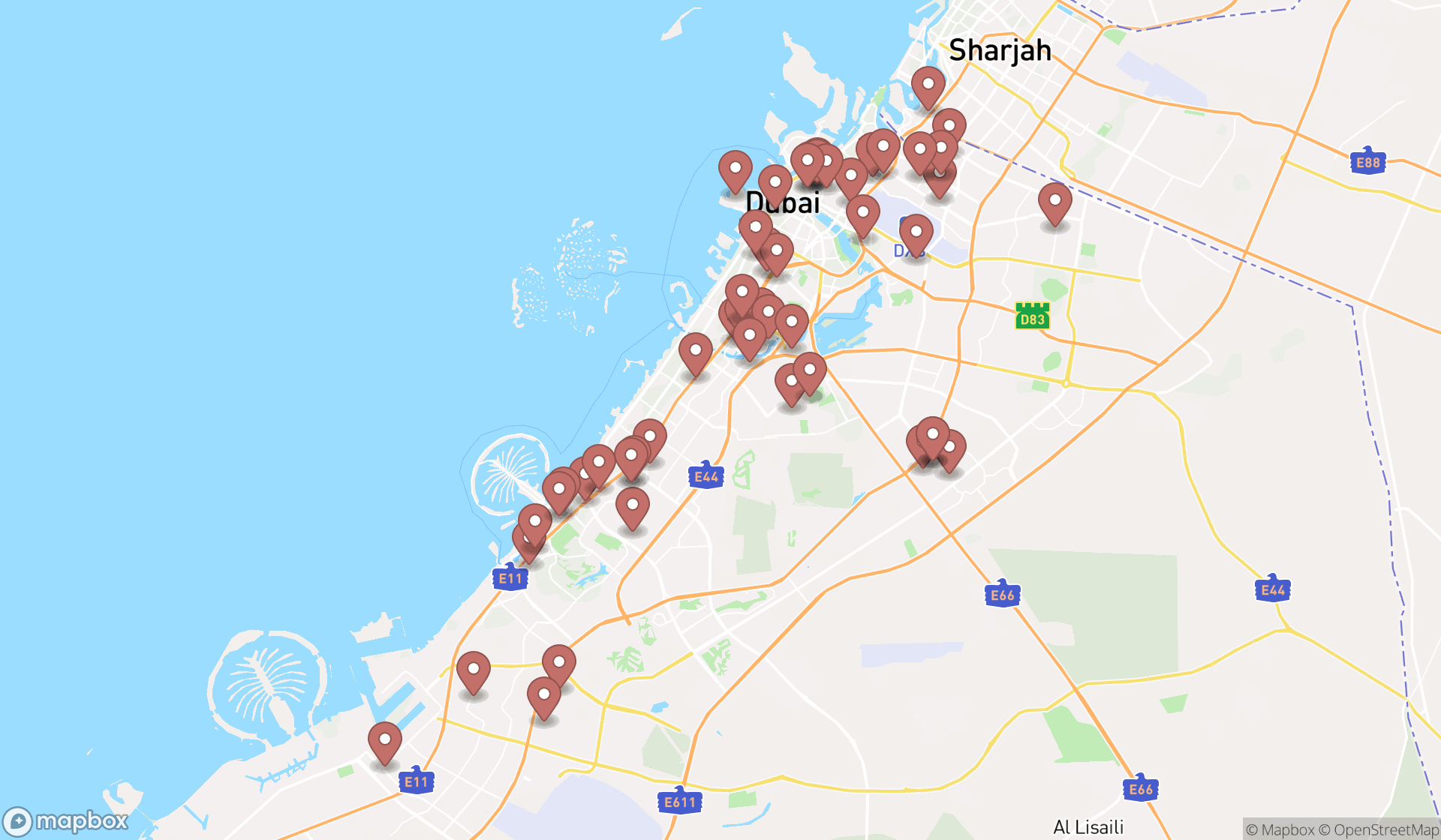 Map showing the search results in Dubai