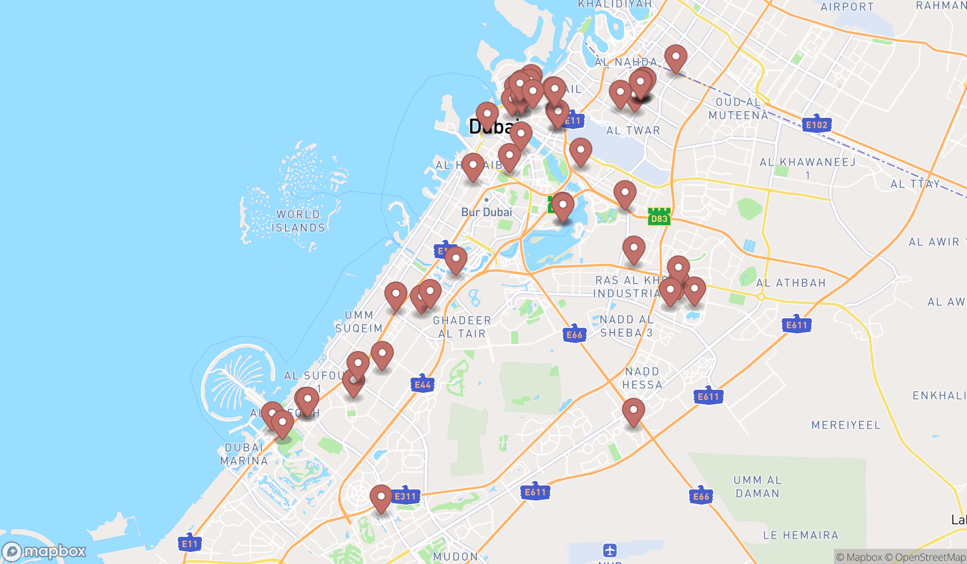 Map showing the search results in Dubai