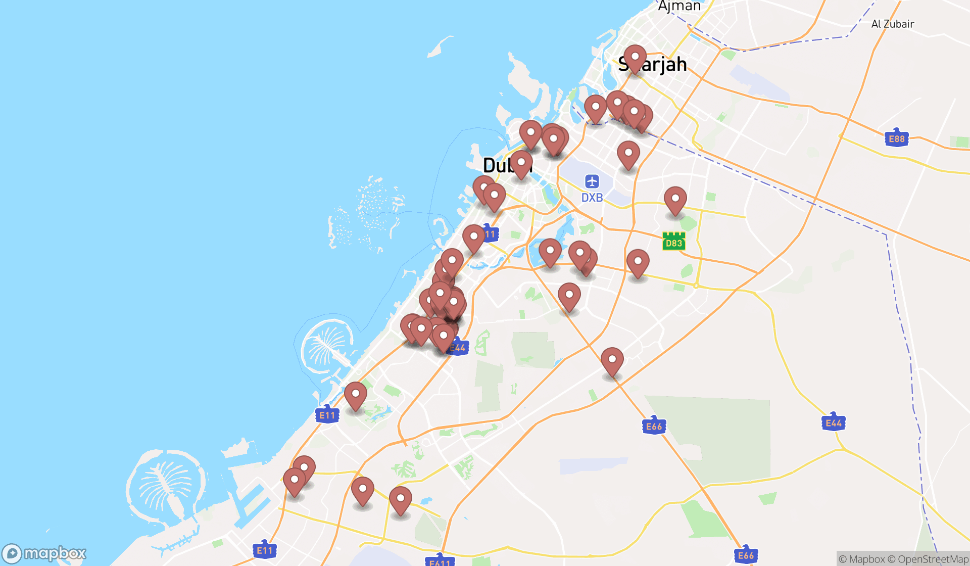 Map showing the search results in Dubai