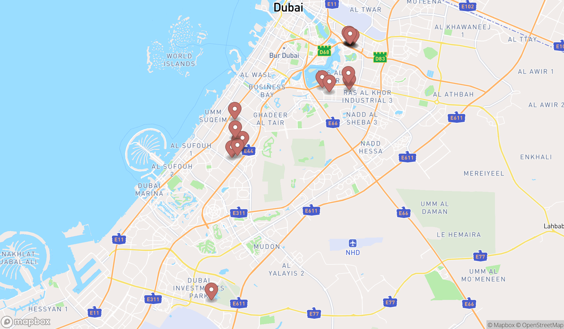 Map showing the search results in Dubai