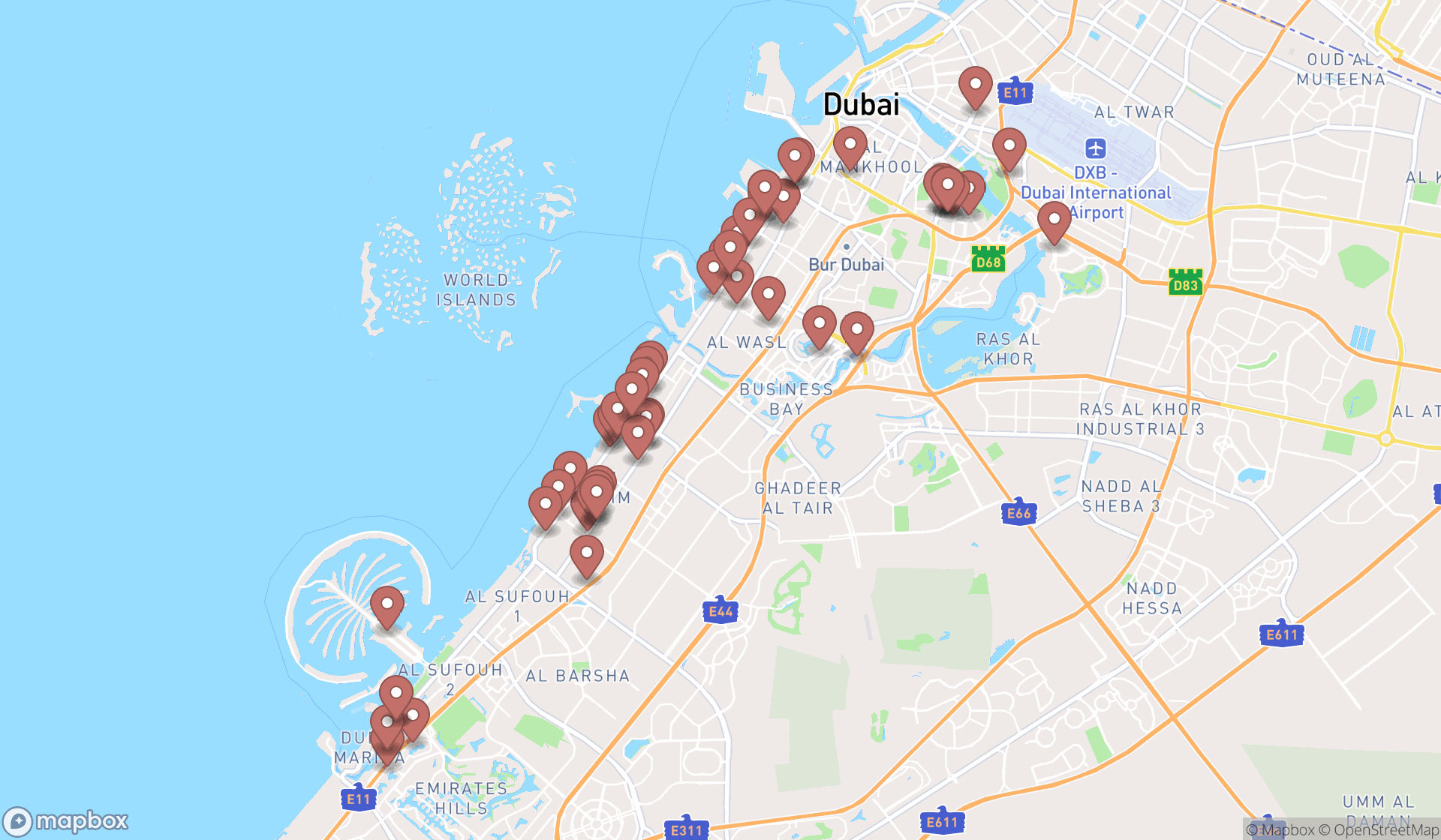 Map showing the search results in Dubai