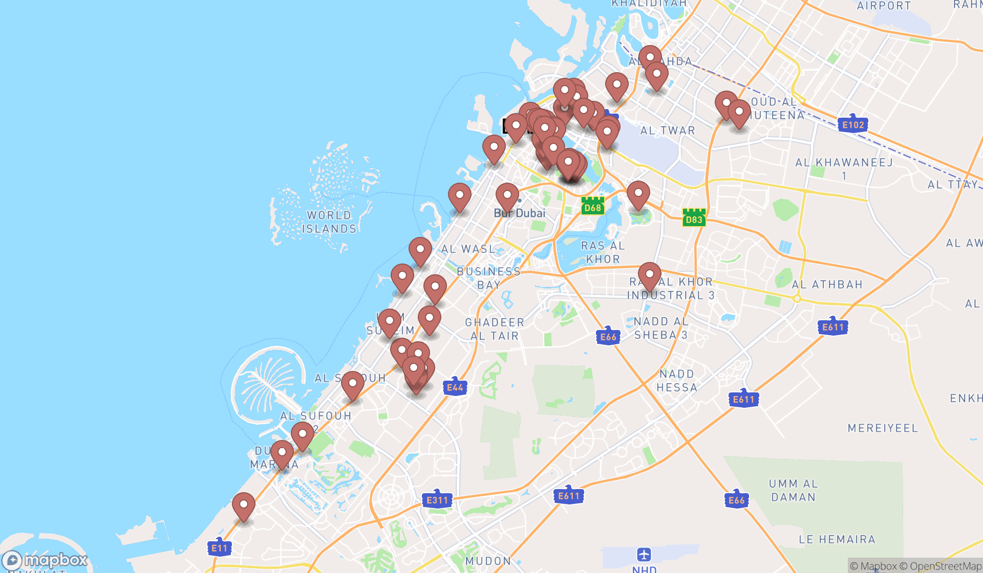 Map showing the search results in Dubai