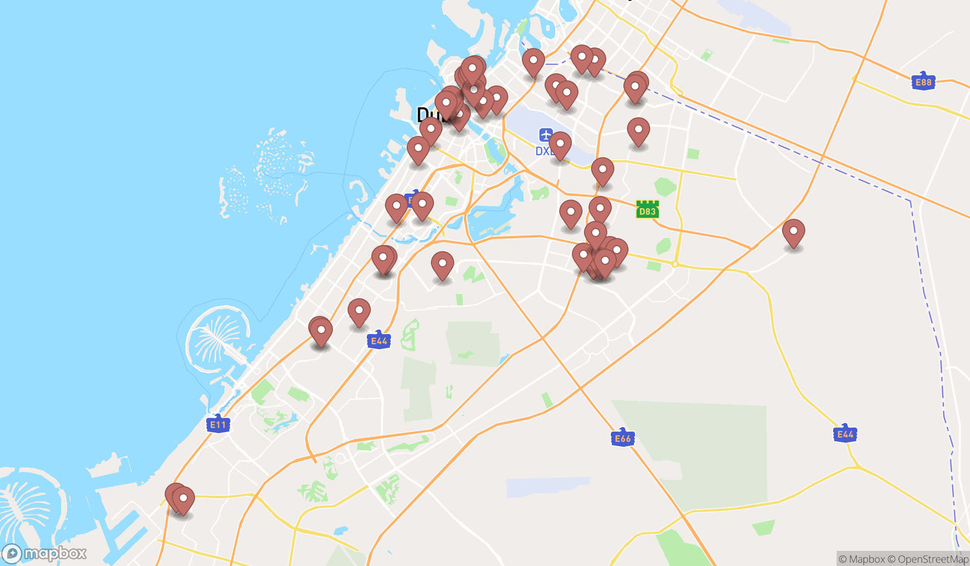 Map showing the search results in Dubai