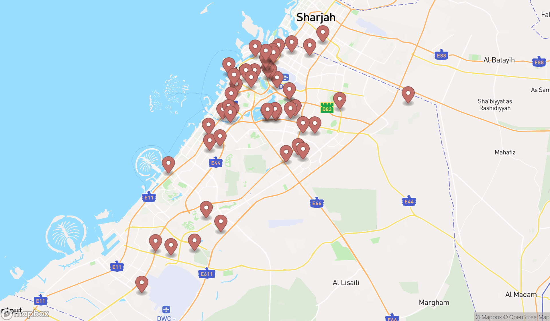 Map showing the search results in Dubai