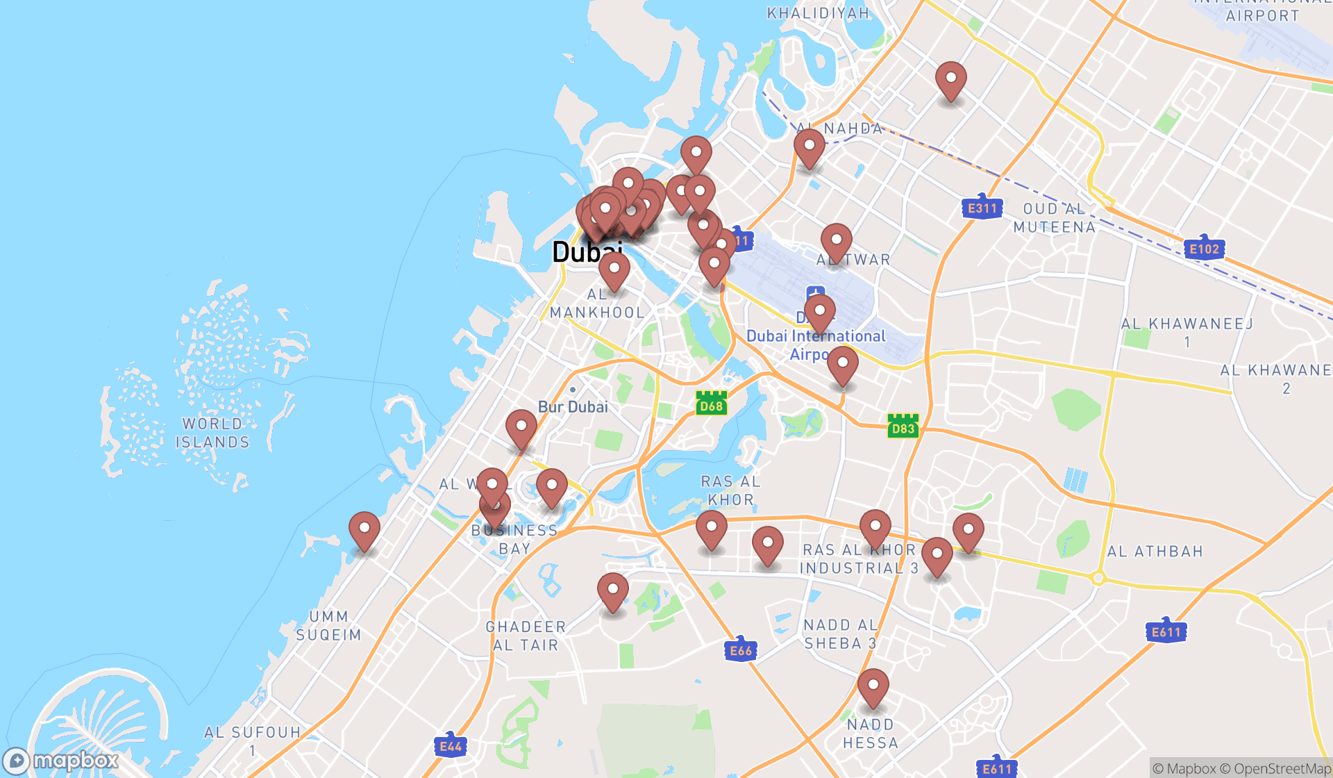 Map showing the search results in Dubai