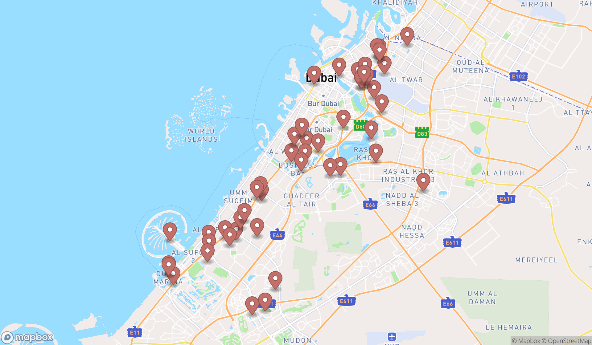Map showing the search results in Dubai