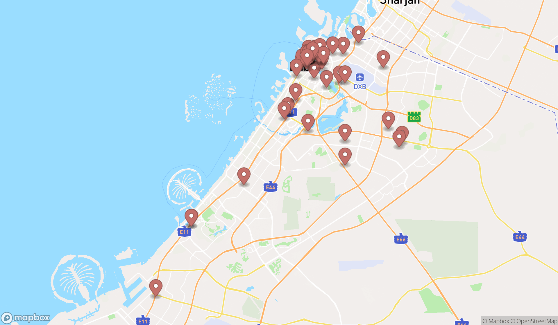 Map showing the search results in Dubai