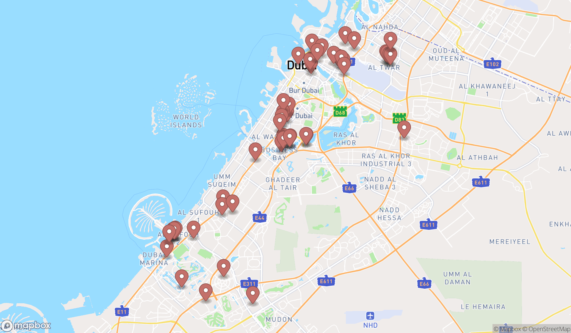Map showing the search results in Dubai
