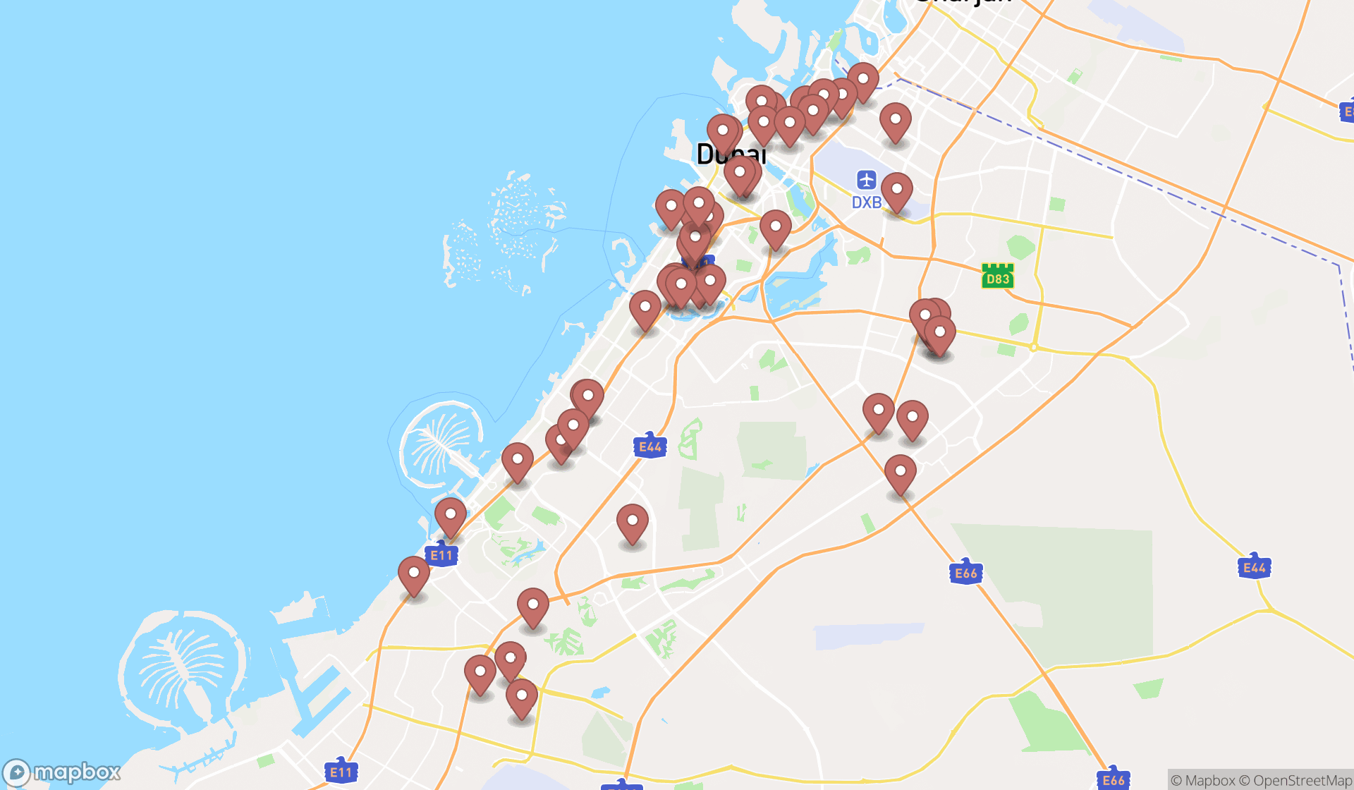 Map showing the search results in Dubai