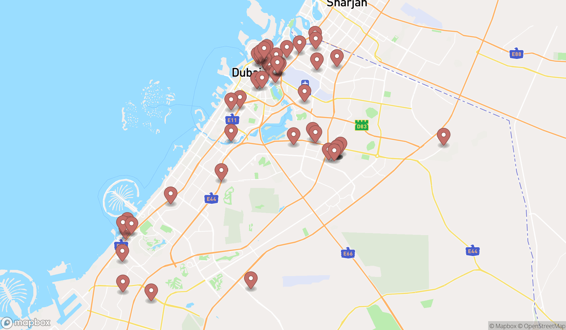 Map showing the search results in Dubai