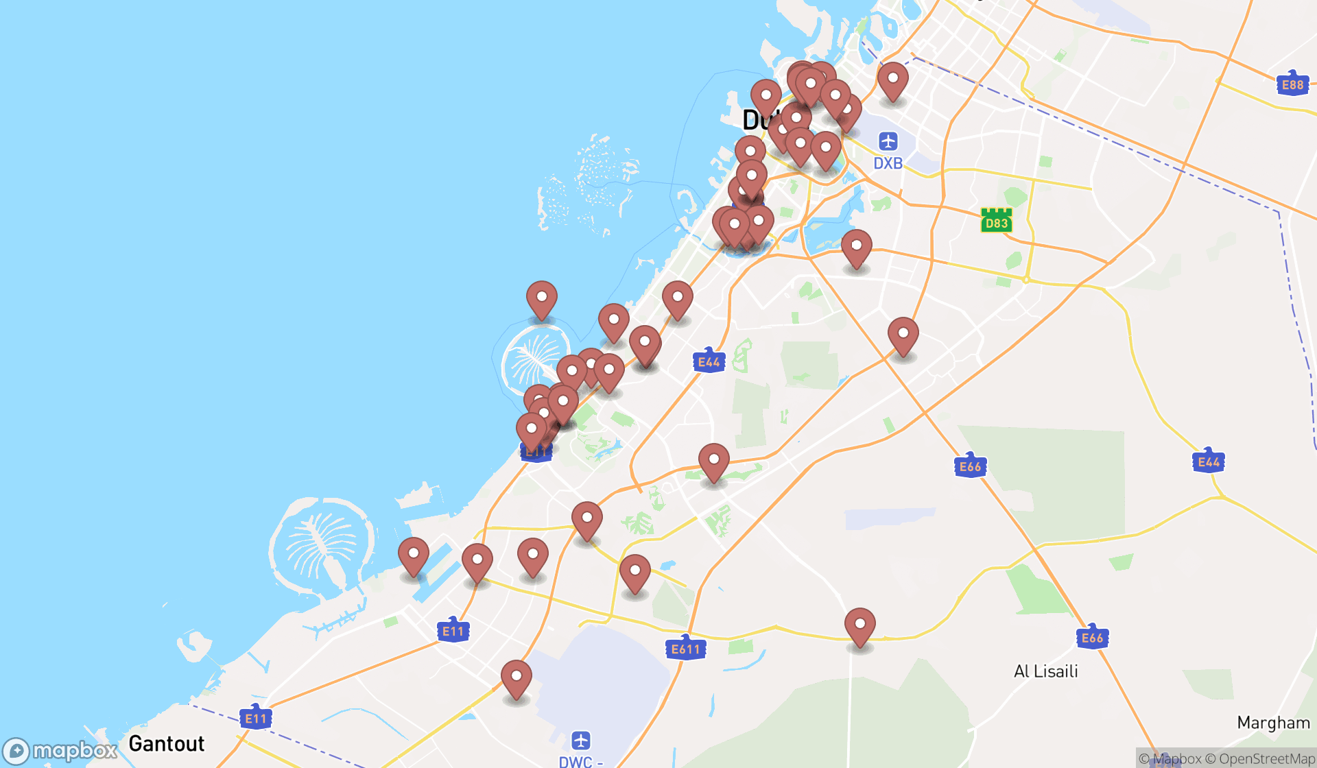 Map showing the search results in Dubai