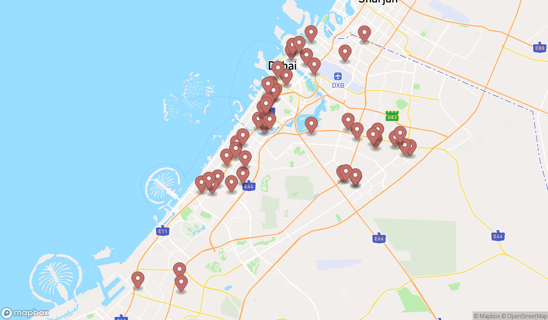Map showing the search results in Dubai
