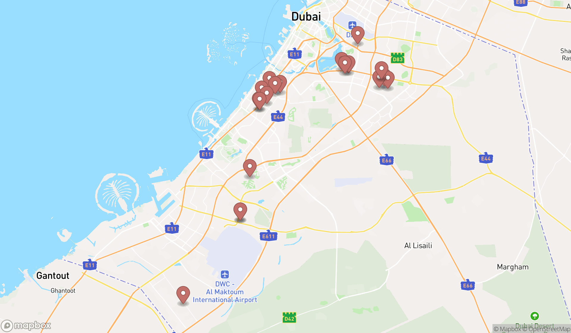 Map showing the search results in Dubai