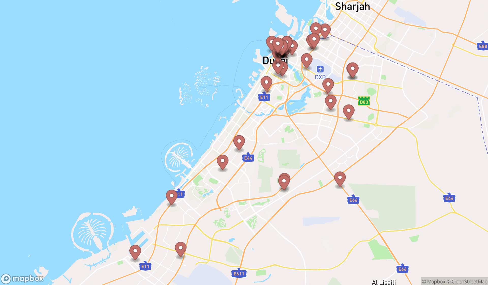 Map showing the search results in Dubai