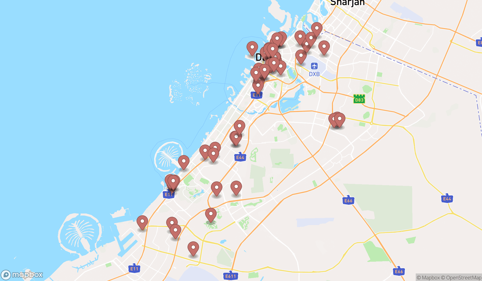 Map showing the search results in Dubai