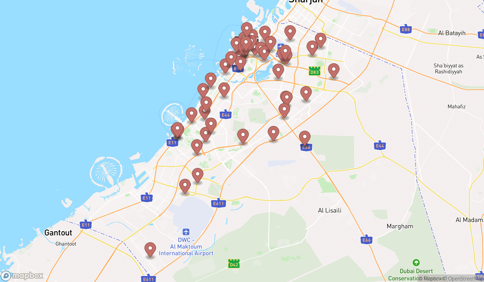 Map showing the search results in Dubai