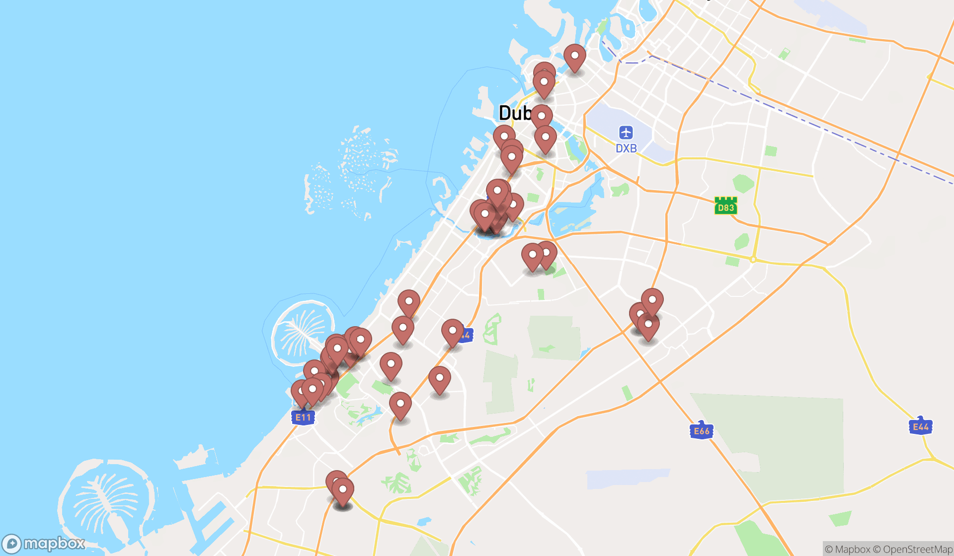 Map showing the search results in Dubai