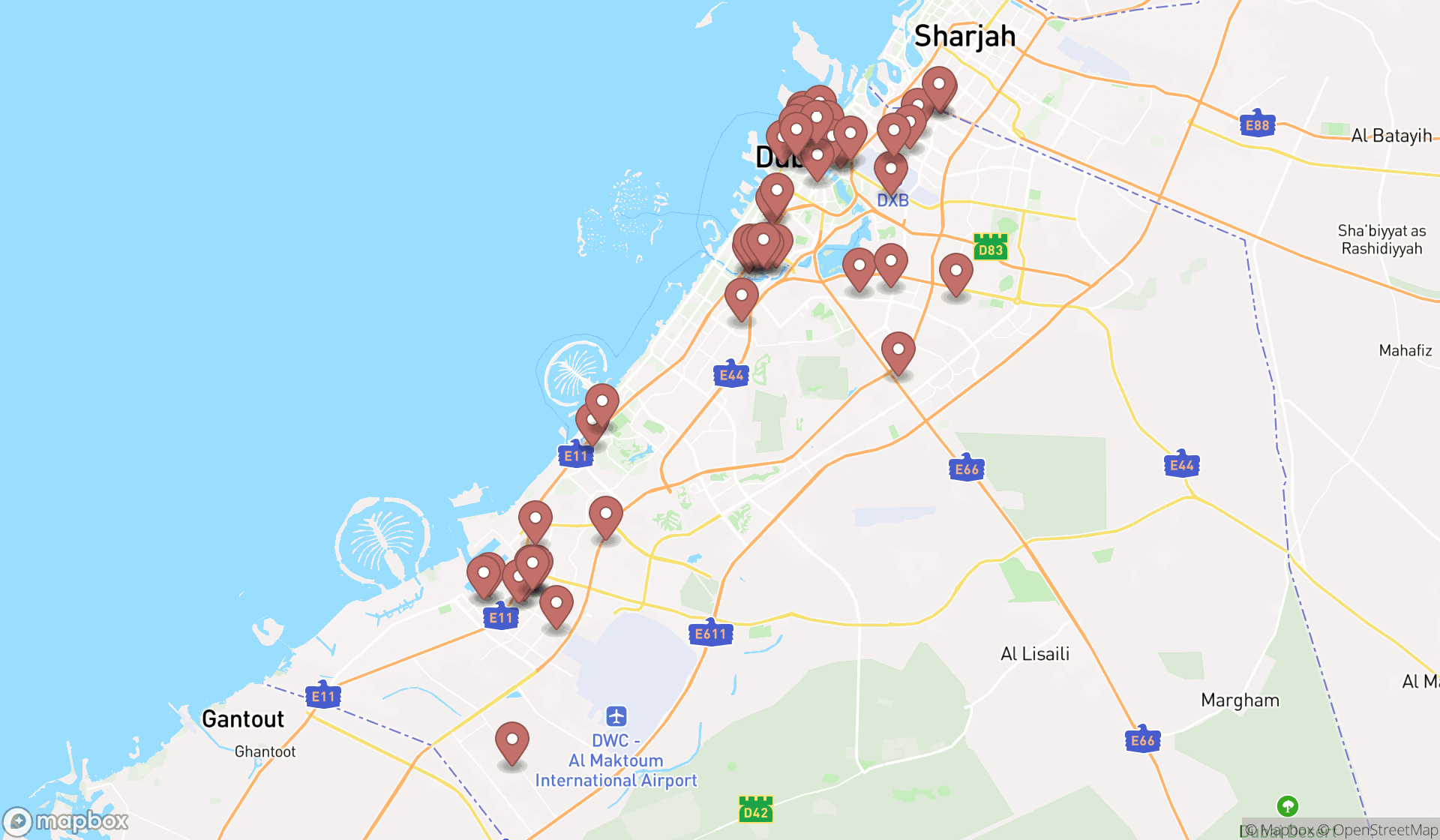 Map showing the search results in Dubai