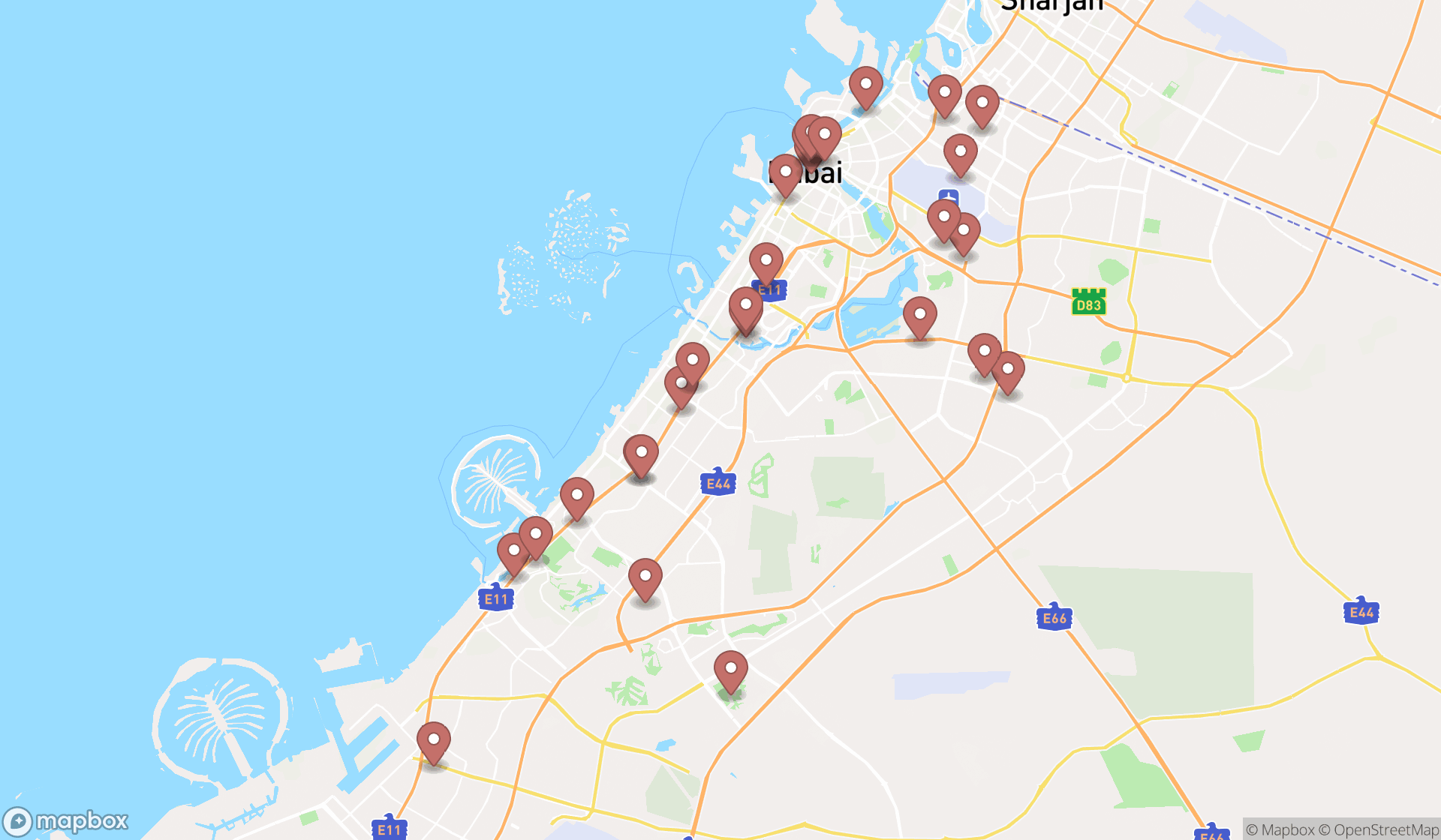 Map showing the search results in Dubai