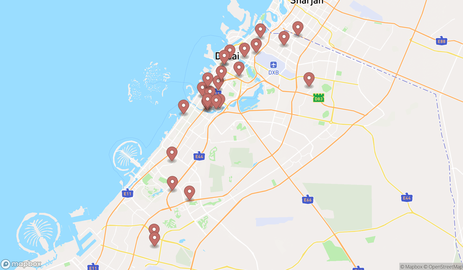 Map showing the search results in Dubai