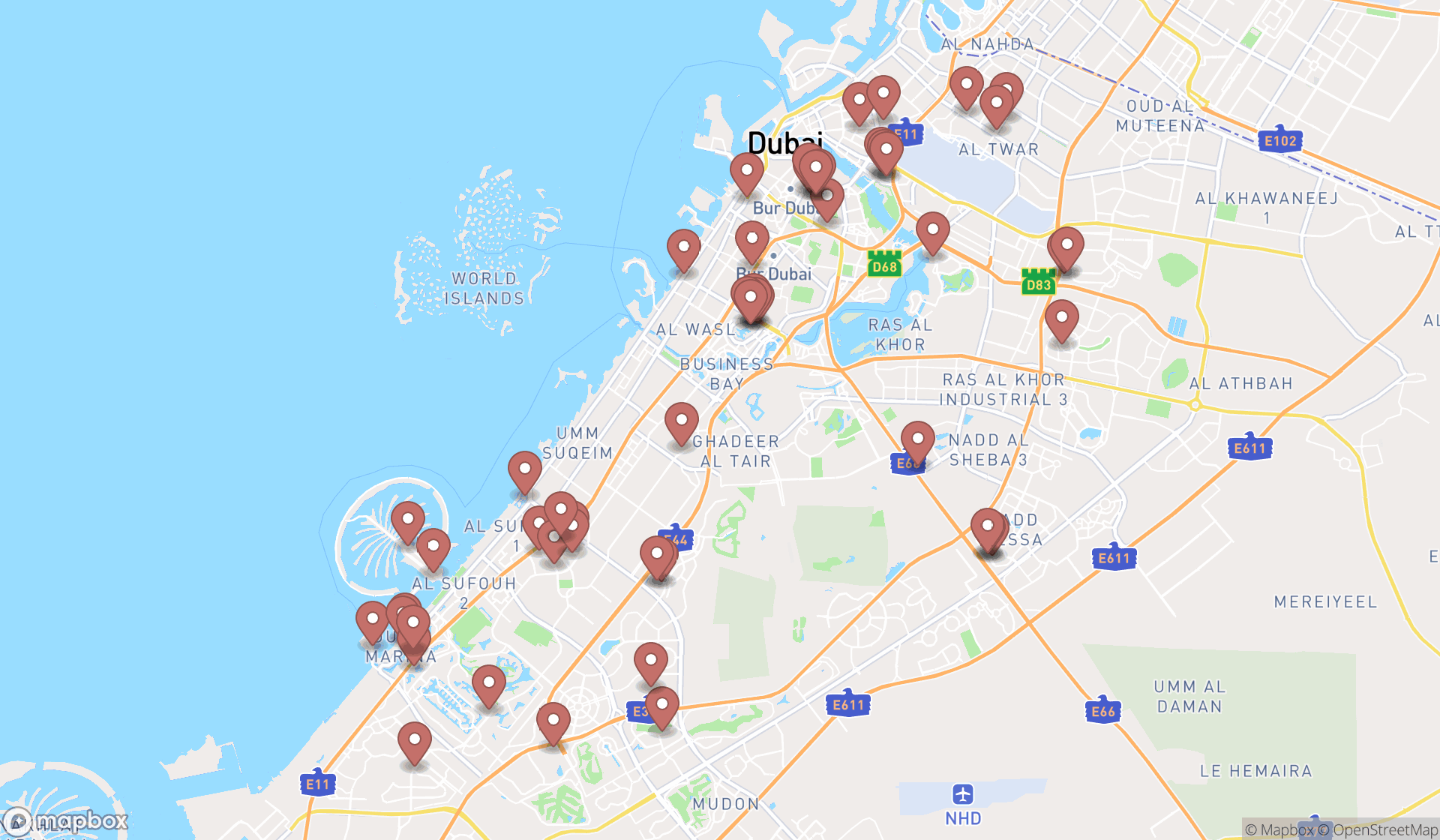 Map showing the search results in Dubai