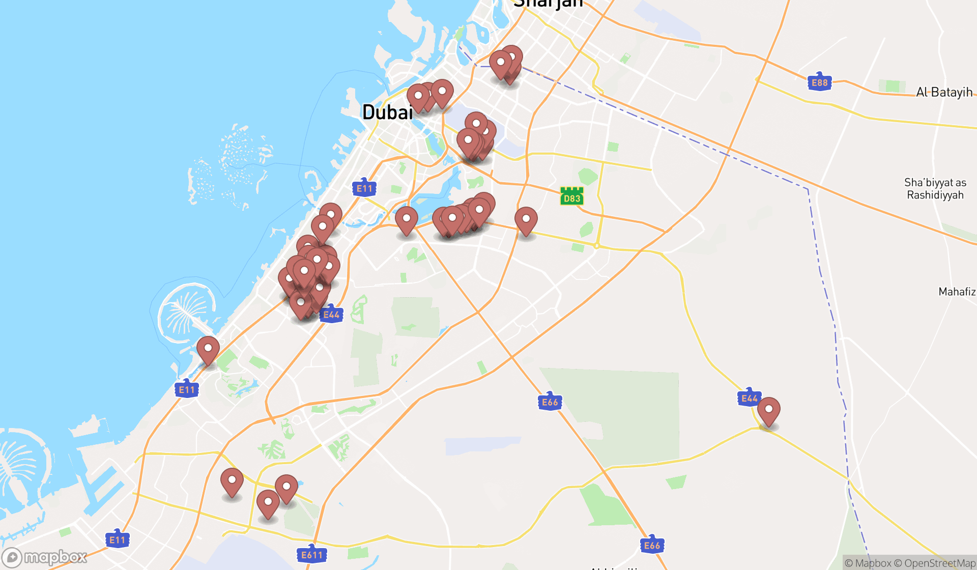 Map showing the search results in Dubai