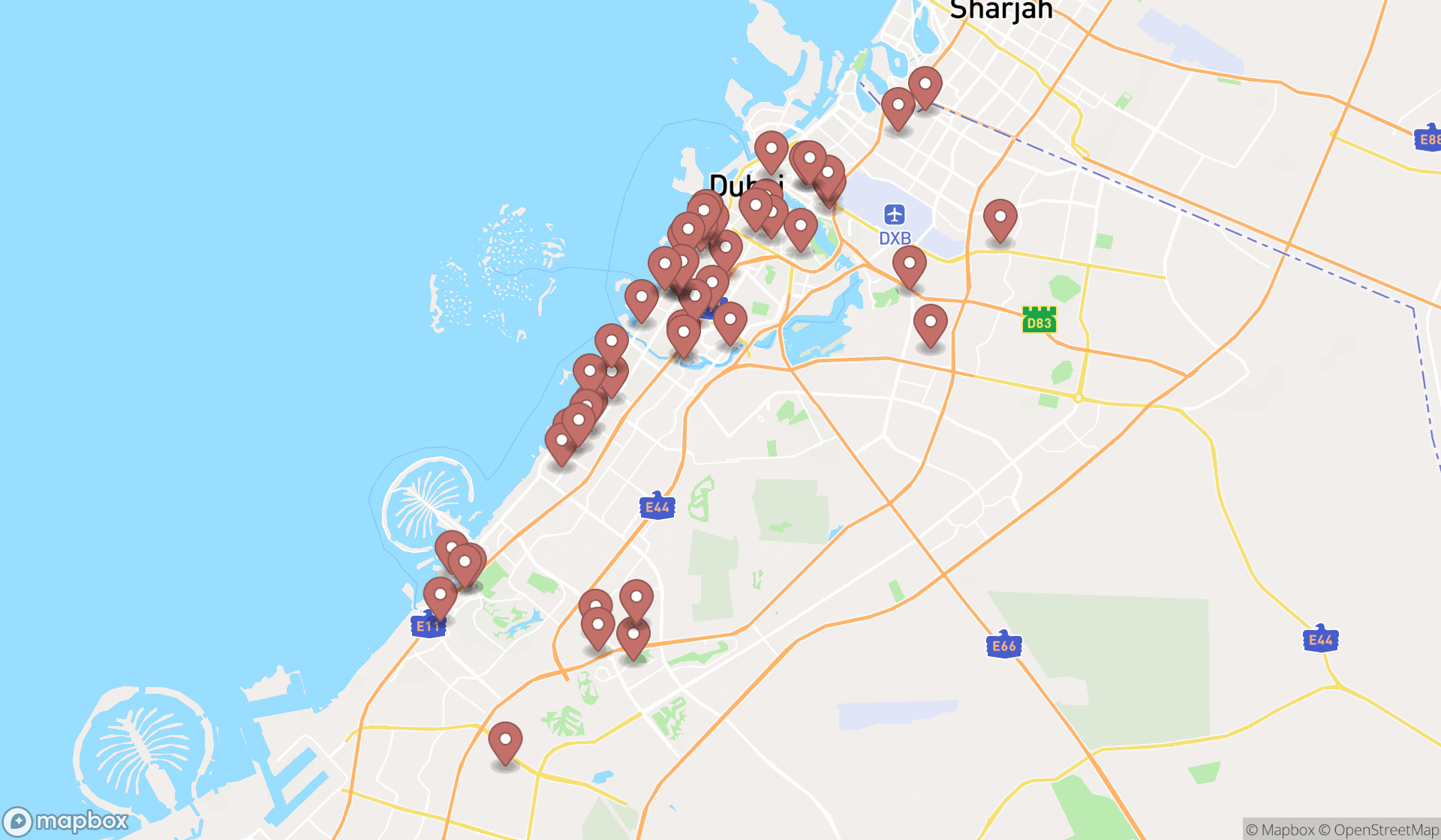 Map showing the search results in Dubai