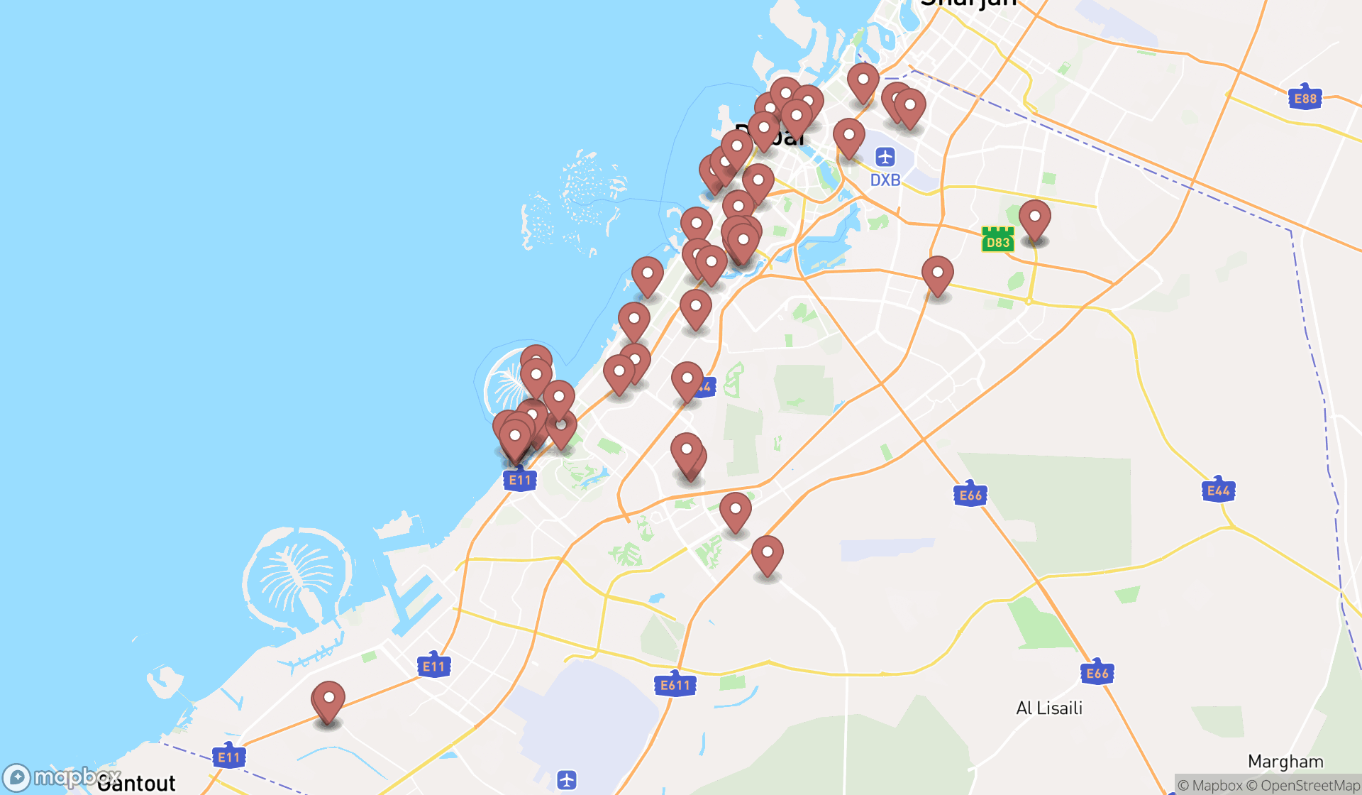 Map showing the search results in Dubai