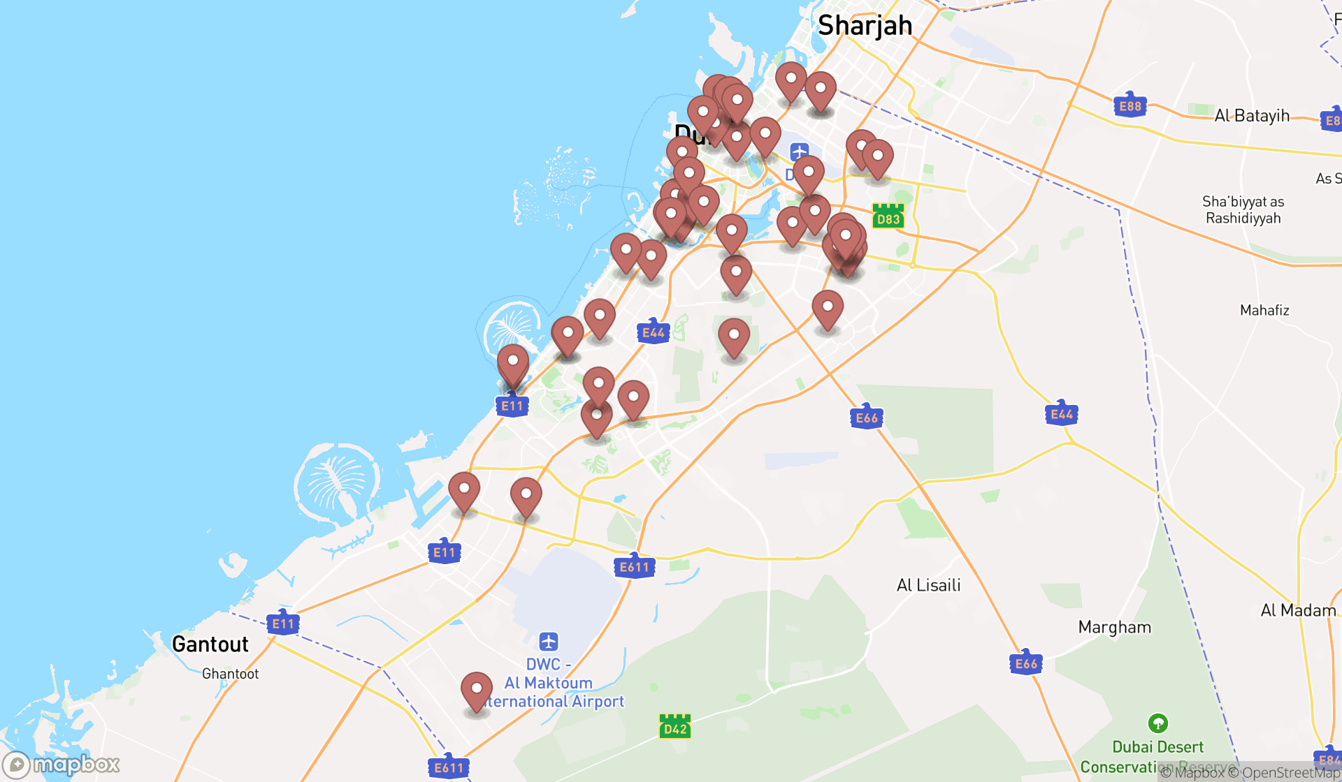 Map showing the search results in Dubai