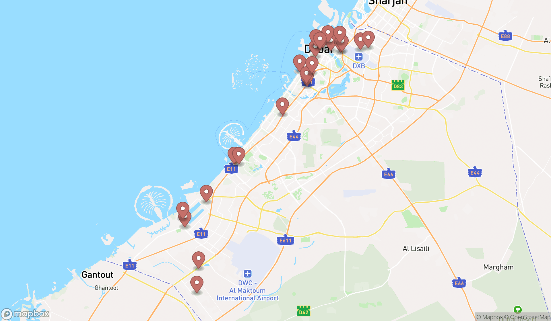 Map showing the search results in Dubai