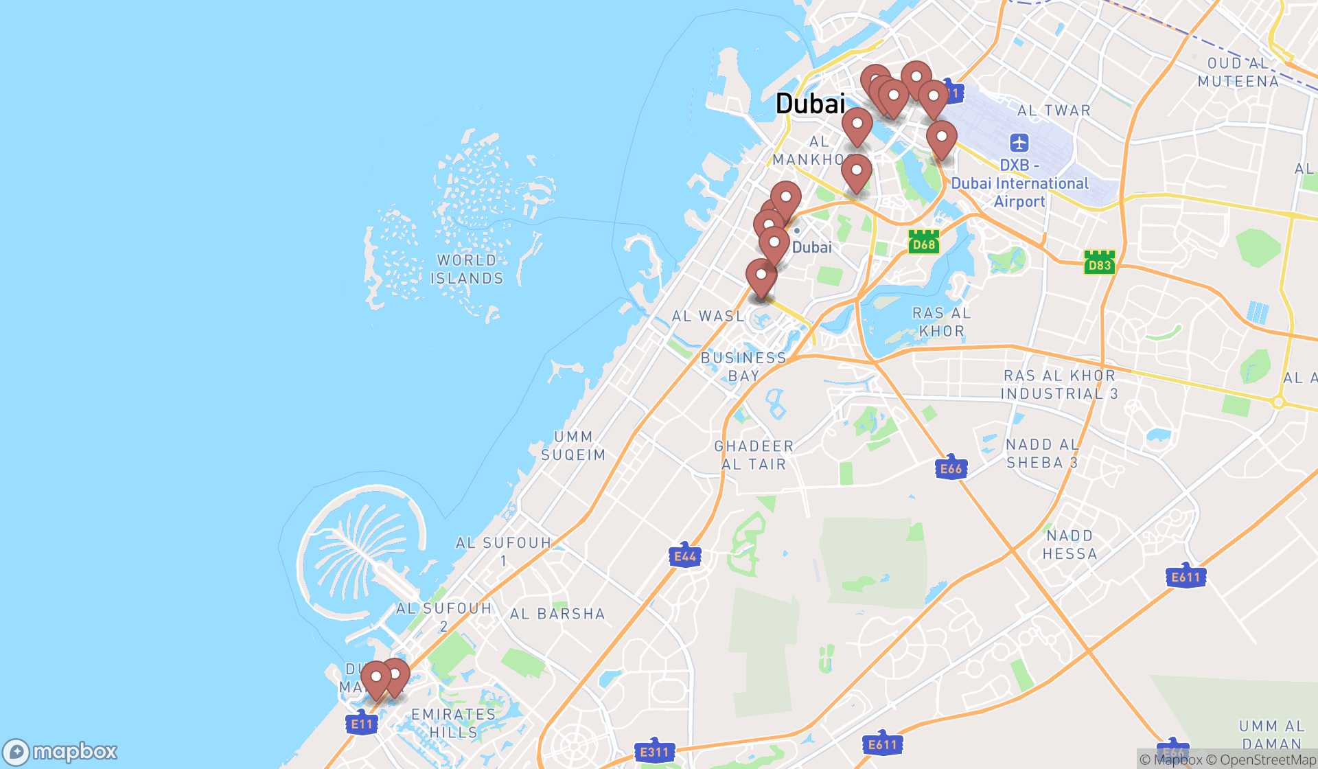 Map showing the search results in Dubai