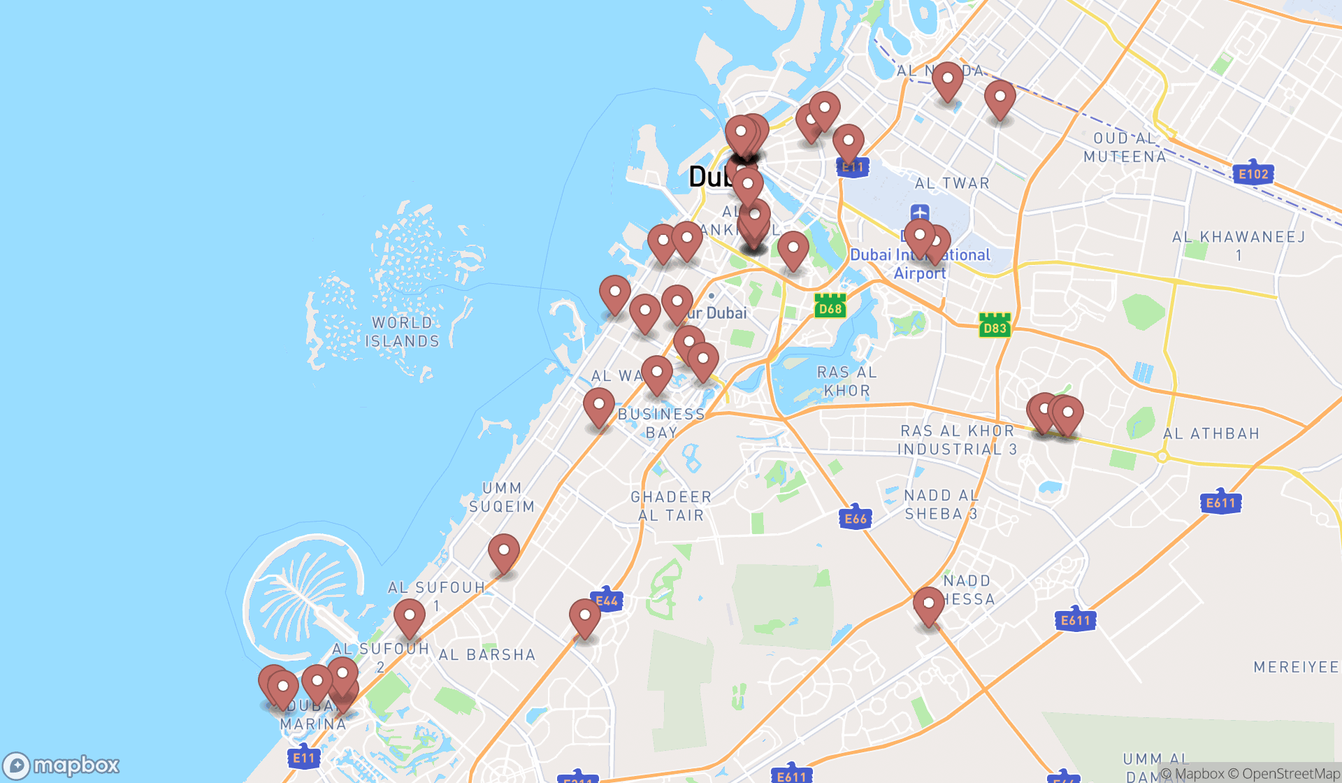 Map showing the search results in Dubai