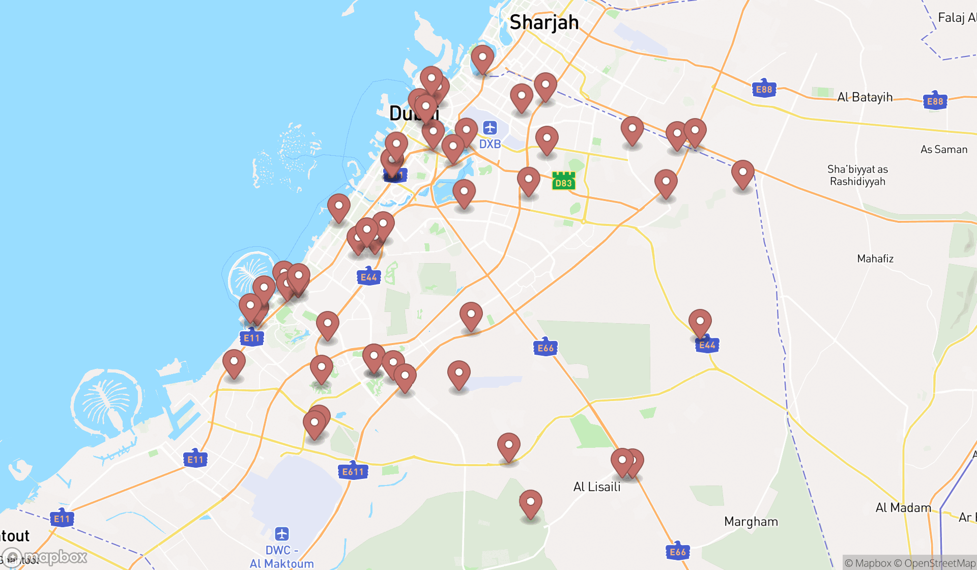 Map showing the search results in Dubai