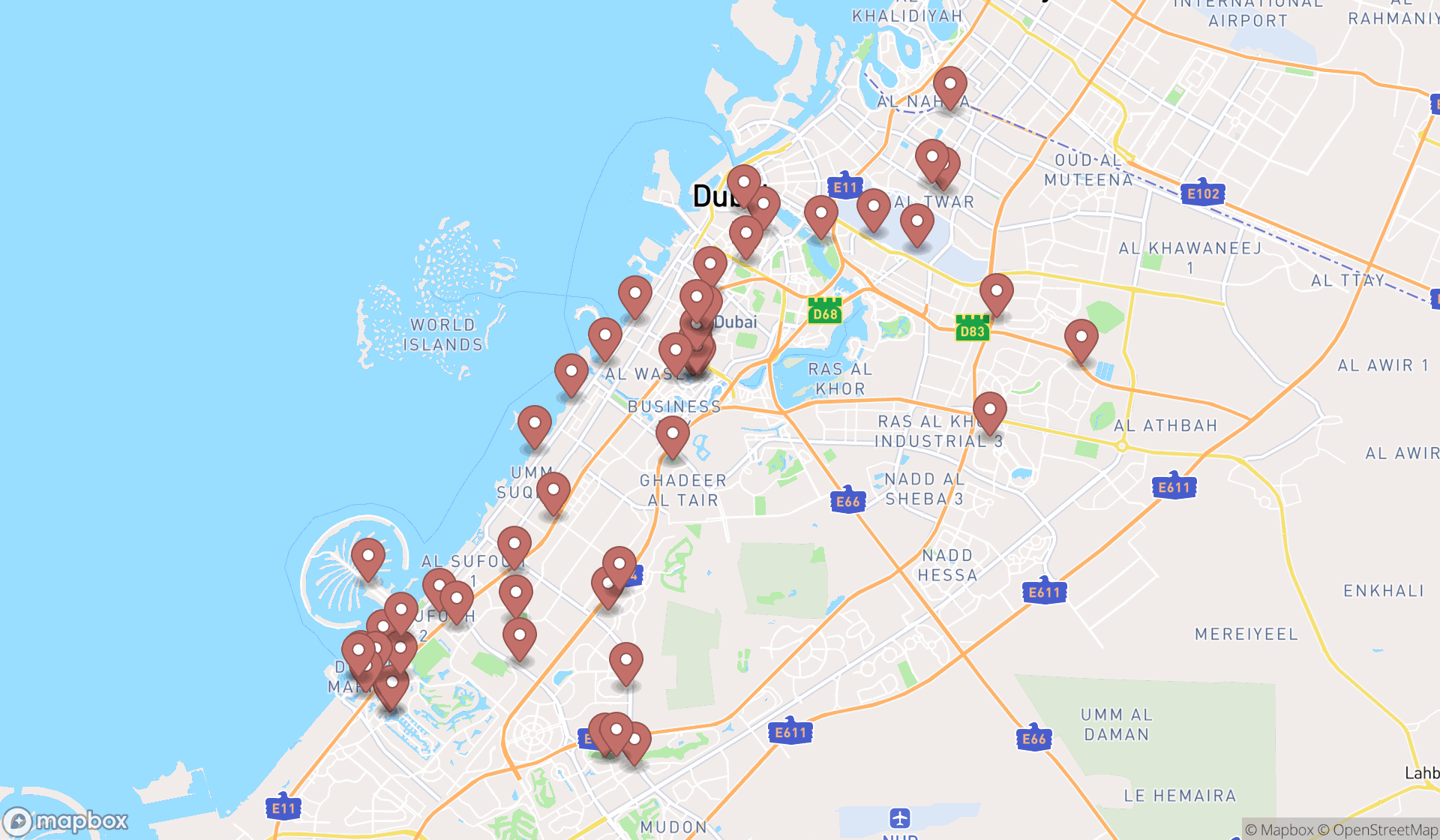 Map showing the search results in Dubai