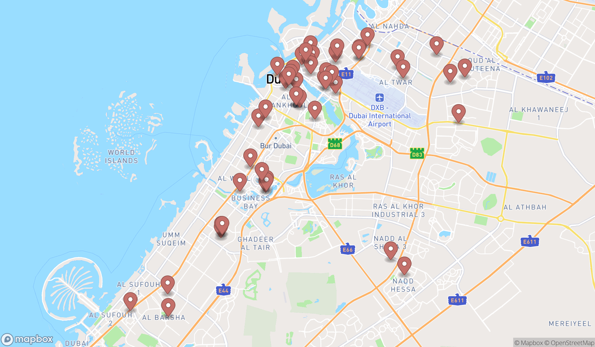 Map showing the search results in Dubai
