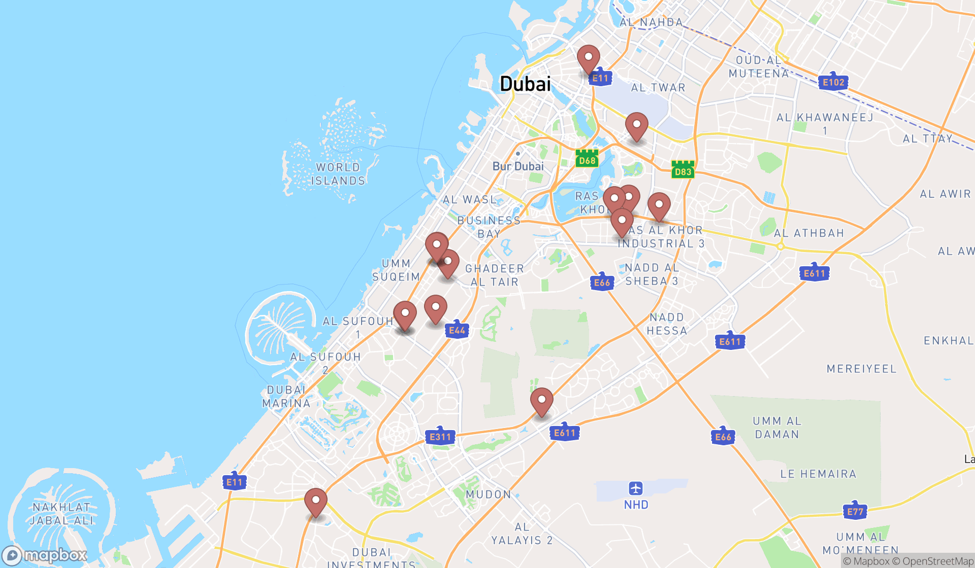 Map showing the search results in Dubai